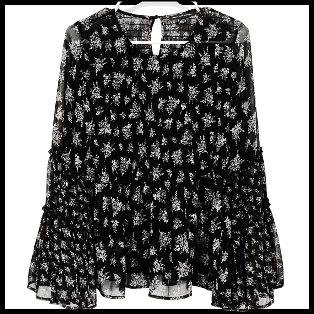 American Eagle Outfitters Sheer Black Boho Peasant Blouse;2 Layers of Ruffles(S)